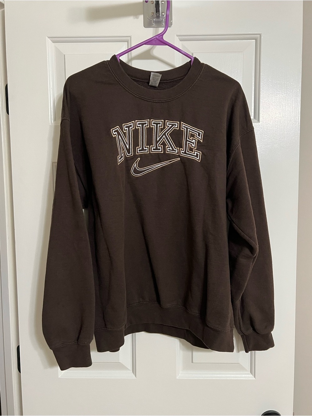 Nike Women’s Chocolate Brown Crewneck Sweatshirt with Embroidered Logo